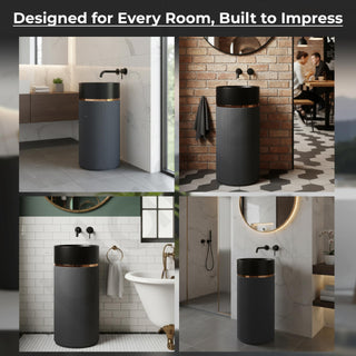Plantex Matt Pedestal Wash Basin/Acrylic Resin & Quartz Free Standing Wash Basin/Round Basin For Bathroom/Home/Hotel/Restaurant- (Black And Grey, 16 X 16 X 34 Inch)