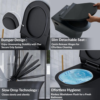 Plantex Platinum Ceramic P Trap Wall Hung Western Commode/Rimless Washdown Flush for Western Toilet/Commode with Soft Close Toilet Seat Cover - (Black)