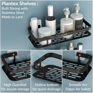 Plantex Bathroom Organiser Without Drill/Self Adhesive Stainless Steel Shelf for Bathroom with Aluminium Railing- Pack of 2 (12x5 inch, Black)
