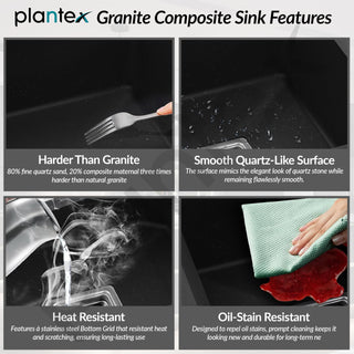 Plantex Kitchen Sink/Quartz Sink for Kitchen/UV Protected Double Bowl with Drain Board, Coupling and Adjustable Drain Rack (Charcoal Black - 45x20inch)