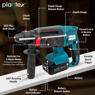 Plantex 21V Cordless Heavy Duty Hammer Drill Machine with battery & charger/Rotary Hammer/Load Speed 6000rpm/Copper winding - (Blue & Black)