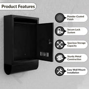 Plantex GI Steel Letter Box for Home Gate with News Paper Holder/Post Box/Suggestion Box for Office Use with Secure Lock and Keys/Complaint Box/Mail Box - (Black) Wall Mount