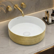 Plantex Ceramic Table Top Wash Basin/Small Washbasin for Bathroom/Countertop Vessel Sink Basin(Gold&White -14 x14x5 Inch)