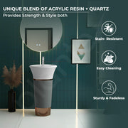 Plantex Acrylic Resin & Quartz Pedestal Basin for Bathroom/Designer One Piece Pedestal Free Standing Round Wash Basin for living Room/Hotel (White & Grey)