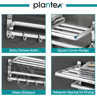 Plantex Folding Towel Rack with Hooks for Bathroom/24 Inch Stainless Steel Towel Hanger/Towel Stand/Towel Rod/Bathroom Accessories - Pack of 1 (Chrome)