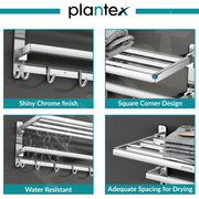 Plantex Folding Towel Rack with Hooks for Bathroom/24 Inch Stainless Steel Towel Hanger/Towel Stand/Towel Rod/Bathroom Accessories - Pack of 1 (Chrome)