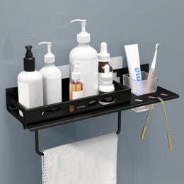Plantex No Drill Bathroom Organizer/3in1 Stainless Steel Shelf for Wall with Foldable Napkin Holder and Tumbler Holder/Self Adhesive Bathroom Shelf -(Black-15 Inch)