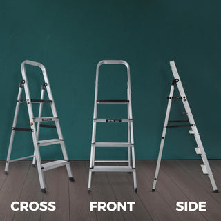 Plantex Big Foot 4 Step Ladder for Home/Fully Aluminium Folding Ladder/Wide Anti-Skid Steps (Black-Silver)