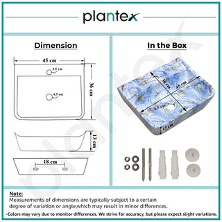Plantex Wallmount Basin for Bathroom/Designer Ceramic Wall Hung Hand Wash Basin/Rectangle Countertop Wash Basin/Home/Office (Blue - 17.5 x 14 x 5 Inch)