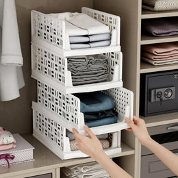 Plantex 4-Tier Clothes Organizer for Wardrobe Cupboard Organizer for Clothes Foldable/Plastic Cloth Organizer for Storage/Closet Storage Basket/Drawer Organizer for Clothes (Plastic, White)