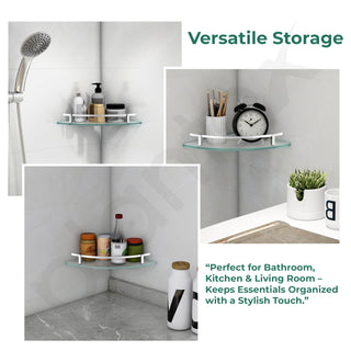 Plantex Premium Frosted Glass Corner with Brass Railings and Brackets/Shelf for Bathroom/Wall Shelf/Storage Shelf (9x9 Inches) - Pack of 1 (Silver Matt)
