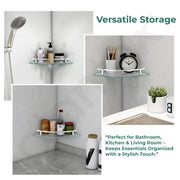 Plantex Premium Glass Corner Shelf for Bathroom/Bathroom Corner Shelf/Kitchen Glass Shelf/Wall Mounted Shelf with Brass Railings and Wall Brackets (9x9 Inches-Pack of 2 - Frosted)