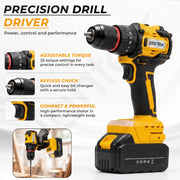 Plantex 4-in-1 Cordless Power Tool Kit 21V/Brushless Drill, Impact Wrench, Rotary Hammer & Angle Grinder/3 Batteries & Case – Yellow (APS-ML004)
