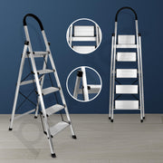 Plantex Surestep 5 Step Aluminum Ladder for Home Use/Wide Anti Skid Step Foldable Ladder with Knee Guard, PVC Shoes and Cross Bars (Anodize-Silver)