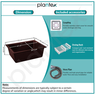 Plantex Quartz Kitchen Sink/UV Protected Kitchen Sink/Undermount Sink for Kitchen/Metalic Single Bowl Sink with Coupling and Hose Pipe - Pack of 1 (21 x 18 inch, Choco Brown)