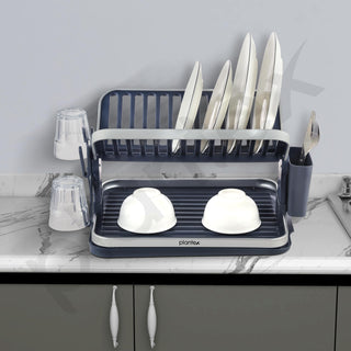 Plantex Kitchen Storage Rack/Aluminium Fold Flat Dish Drying Rack/2-Tier with Drainboard/Kitchen Organiser Rack - (Silver & Grey)