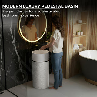 Plantex Ceramic Pedestal Basin for Bathroom/One Piece Pedestal Free Standing Round Wash Basin for living Room/Hotel (Beige)