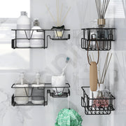Plantex GI Steel Bathroom Accessories Self Adhesive/Self Adhesive Kitchen Shelf with Side Hooks to Hang Loofah, Soap Holder & Magic Stickers - Black, Powder Coated (Pack of 4)