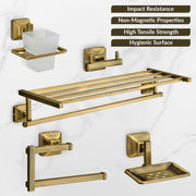 Plantex 304 Grade Stainless Steel Bathroom Accessories Set of 5 - Towel Stand/Napkin Ring/Soap Dish/Toothbrush Holder/Robe Hanger - Squaro (Brass Antique)