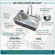 Plantex 304 Grade Stainless Steel Waterfall Kitchen Sink with Anti Scratch Honeycomb Design/Luxurious Sink for Kitchen with Pull Down Faucet - Multifuctional Modern Sink (30 x 18 Inch, Matt)