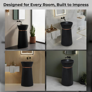 Plantex Round Pedestal Basin for Bathroom/Ceramic Designer One Piece Pedestal Free Standing Wash Basin for living Room/Hotel (Black-17x17x33.5 inch)