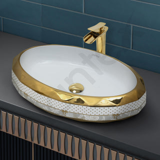 Plantex Wash Basin/Ceramic Table Top Wash Basin/Designer Countertop Basin for Bathroom/Restaurants/Hotel – Oval (White & Gold - 23 x 16 x 5 Inch)