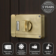 Plantex Brass Tri-Bolt Lock For Main Door/Heavy Duty Door Lock With 4 Keys/Suitable On Single Door For Home/Office/Hotel - Pack Of 1 (Brass Antique)