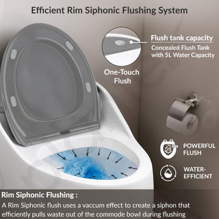 Plantex Platinum Ceramic Rimless Commode/One Piece Western Toilet/Siphonic Flush Western Commode with Soft Close Toilet Seat - S Trap Outlet (White & Grey)