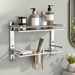 Plantex Bathroom Organiser Without Drill/Stainless Steel Bathroom Accessories Set with Soap Dish and Brush Slots/Hooks/Tumbler Holder/Steel Soap Holder for Bathroom-(2-Tier, Chrome)
