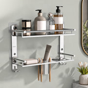 Plantex Bathroom Organiser Without Drill/Stainless Steel Bathroom Accessories Set with Soap Dish and Brush Slots/Hooks/Tumbler Holder/Steel Soap Holder for Bathroom-(2-Tier, Chrome)