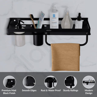 Plantex 4in1 Bathroom Shelf for Wall/Stainless Steel Multifunctional Rack for Bathroom with Tumbler Holder/Liquid Soap Dispenser/Napkin Holder/Bathroom Accessories Set (Matt Black)