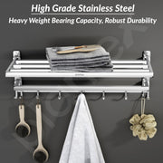 Plantex Folding Towel Rack with Hooks for Bathroom/24 Inch Stainless Steel Towel Hanger/Towel Stand/Towel Rod/Bathroom Accessories - Pack of 1 (Chrome)