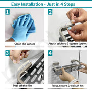 Plantex Self Adhesive Bathroom Shelf for Wall/Stainless Steel Rack with Aluminium Railing & Magic Stickers/Bathroom Organiser - Pack of 3 (12x5 inches, Satin & Black)