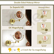 Plantex Brass and 304 Stainless-Steel Magnifying Mirror with LED/Wall Mount Makeup Mirror with Light/Zoom Mirror- 5x/1x Magnification (8 Inch-Gold)