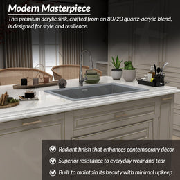 Plantex Quartz Acrylic Kitchen Sink with 10 Years Warranty by Plantex/Undermount Sink for Kitchen/Metalic Single Bowl Kitchen Sinks with Coupling (Lintus 32x20 Inches)
