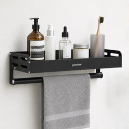 Plantex Aluminium Multipurpose Shelf with Towel Holder/Bathroom Shelf Rack/Bathroom Organizer/Bathroom Accessories - Pack of 1 (9515, Black)