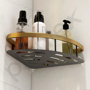 Plantex Self Adhesive Bathroom Corner Shelf/Aluminium Wall Mounted Rack for Kitchen Corner with Golden Railing & Magic Stickers/Bathroom Accessories (9x9 inches, Gold & Black)