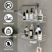 Plantex No Drill Bathroom Organiser/Shower Caddy for Bathroom Hanging/5in1 Stainless Steel Shelf with Soap Holder and Hooks (Big Size-Square Shape-Chrome Finish)