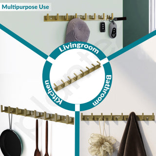 Plantex Aluminum Hook Rail with L-Shape Hooks for Walls of Bathroom/Kitchen–Hook Rail Bar for Clothes/Towel/Keys - Pack of 3 (8 Hooks, Brass Antique)