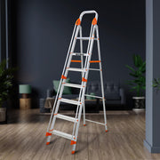 Plantex Secura 7 Step Aluminium Ladder for Home/Foldable Ladder with Safe Hand Rails/5 Year Manufacturer Warranty(Orange-Silver)