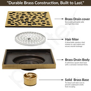 Plantex Solid Brass Floor Drainer for Bathroom/Shower Drain with Cockroach Trap Jali/Floor Trap/Jali for Bathroom/Kitchen - (Brass Antique, 5 x 5 Inch)