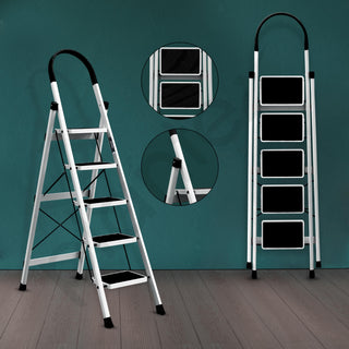 Plantex Steel Ladder for Home/Strong Foldable Wide 5 Step Ladder/Anti-Skid 5 Step Ladder - (Apex - White)