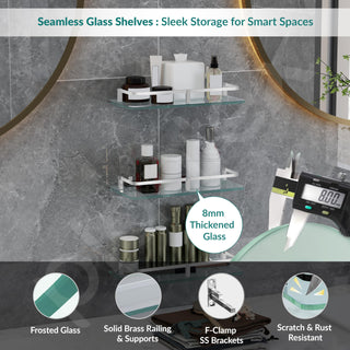 Plantex Multipurpose Frosted Glass Shelf for Bathroom/Shelves for Kitchen/Living Room Wall Shelf with Brass Railings and Wall Brackets (Chrome Finish, 12x6 Inches, Pack of 3)