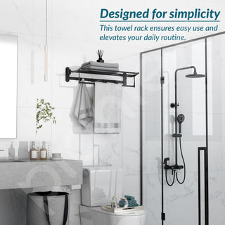 Plantex Stailness Steel Folding Towel Rack for Bathroom/Towel Rod with Hooks/Towel Stand/Towel Holder/Bathroom Accessories (24 inch) Matt Black
