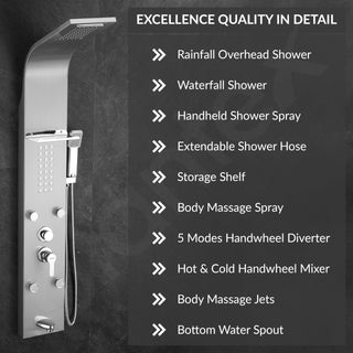 Plantex 304 Grade Stainless Steel Shower Panel/6 in 1 Shower System/Handshower with Waterfall Outlet/Tub Spout/Body Massage Spray With Hot &cold Mixer- (1015, Chrome)