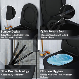 Plantex Imported Ceramic Wall Hung Commode/Rimless Washdown Western Toilet/Bathroom Commode with Soft Close Toilet Seat - P Trap (Round - Matt Black)