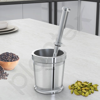 Plantex Heavy Stainless Steel Mortar & Pestle Set/Spice Mixer/Khalbatta/Khal/Okli for Kitchen - Size 5(Dia: 9, H: 10 cm)