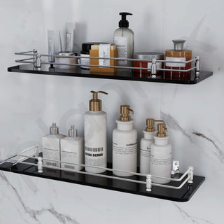 Plantex Premium Black Glass Shelf for Bathroom/Kitchen/Living Room - Bathroom Accessories (Polished, 18x6 Inches) - Pack of 2