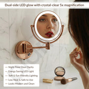 Plantex Brass and 304 Stainless-Steel Magnifying Mirror with LED/Makeup Mirror with Light/Zoom Mirror- 5x/1x Magnification (8 Inch-Rose Gold/Wall Mount)