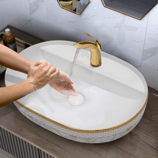 Plantex Ceramic Wash Basin for Bathroom/Designer Washbasin/Hand Basin for Restaurant/Hotel (23.5x16x5 inch - White & Gold)